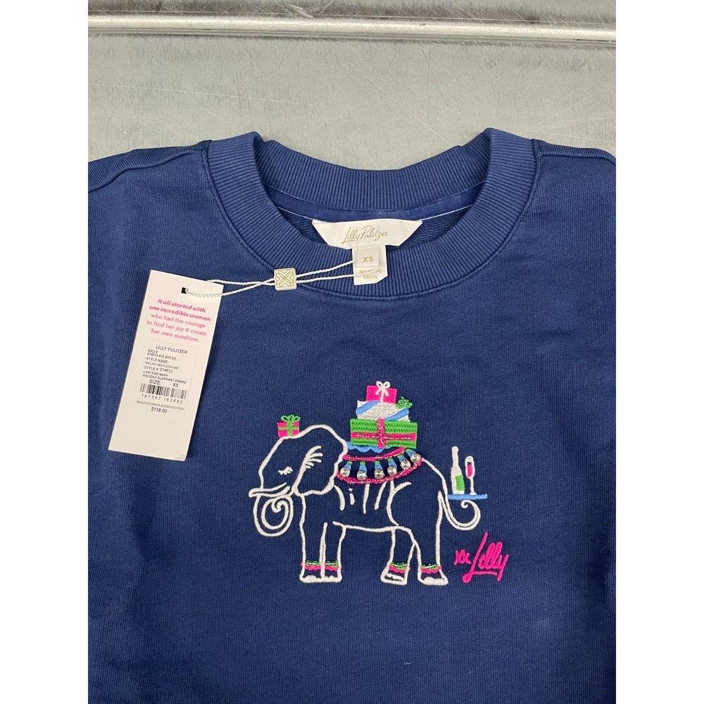 Lilly Pulitzer Ballad Crewneck Sweatshirt Womens XS Navy Elephant Embroidery - Picture 5 of 11